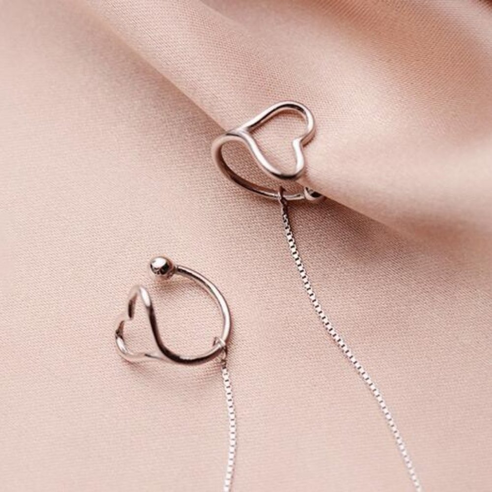 NEW 925 Sterling Silver Heart Cuff Chain Earrings - Picture 7 of 10